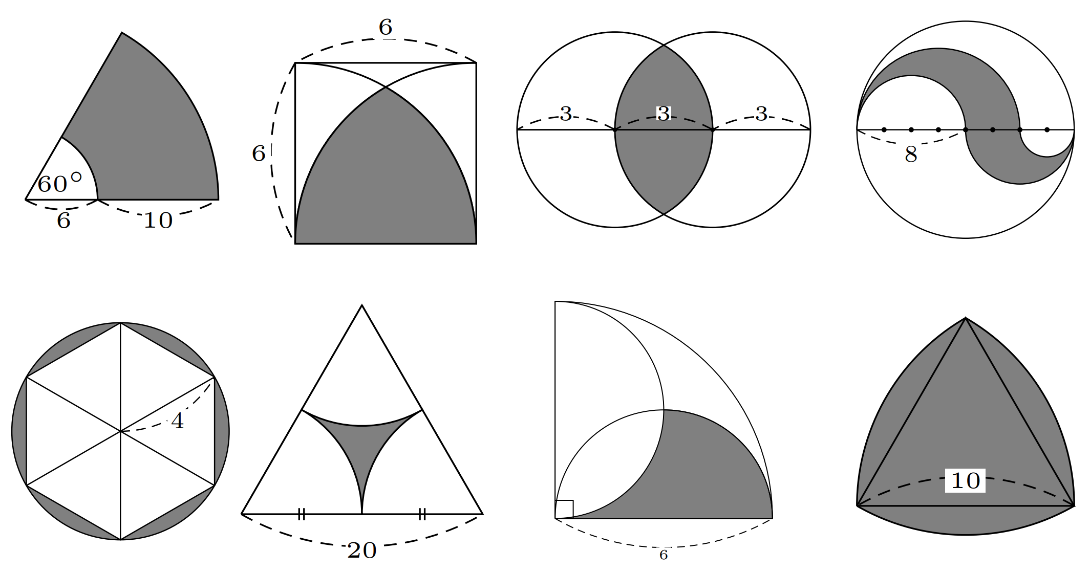 tikz 绘制圆弧构成的各种求面积的阴影图形